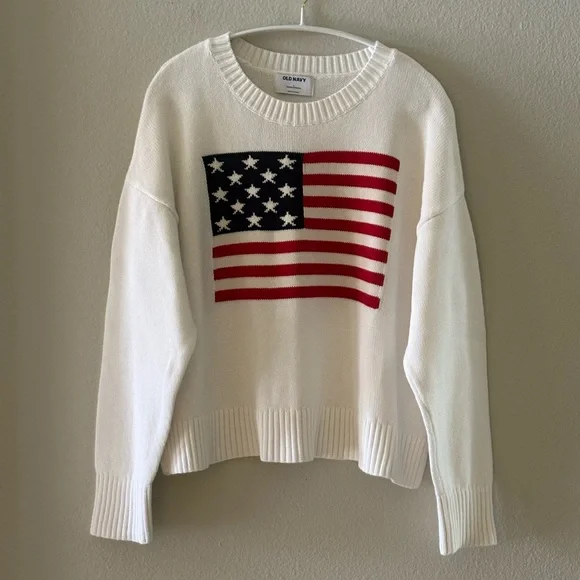 OLD NAVY Women’s American Flag Cotton Crewneck Boxy Sweater | Ivory | Size Large - Picture 2 of 8
